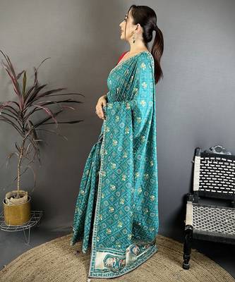 Women rama green vichitra silk blend bandhani & animal motifs bandhani saree 2