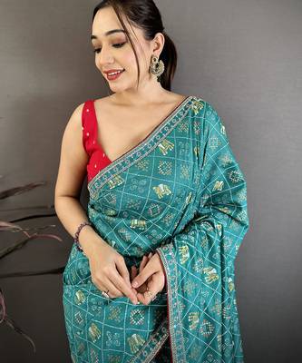 Women rama green vichitra silk blend bandhani & animal motifs bandhani saree 3