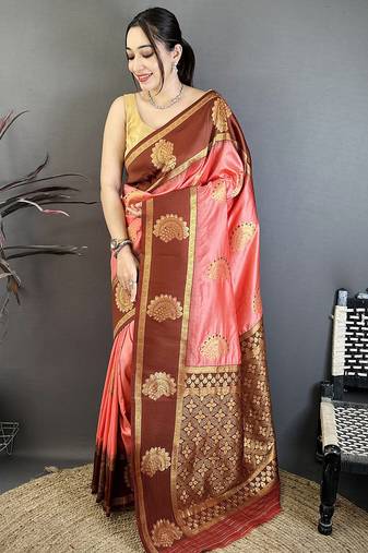 Women peach  soft silk gold zari woven buttas banarasi silk  saree