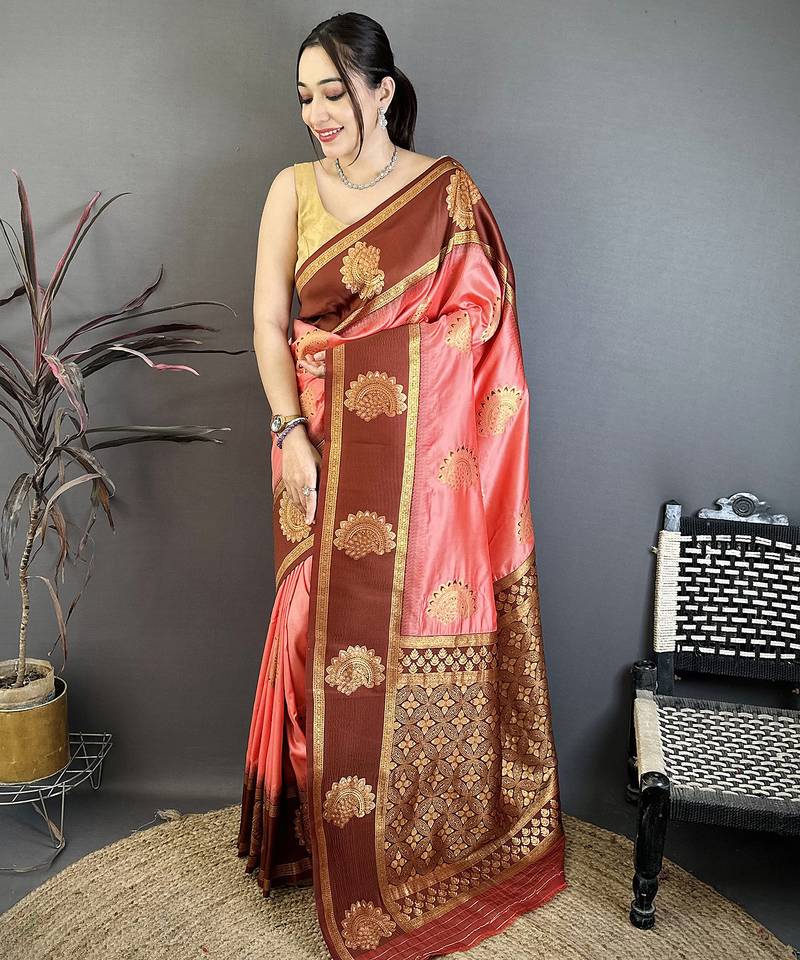 Women peach  soft silk gold zari woven buttas banarasi silk  saree
