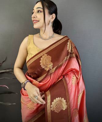Women peach  soft silk blend gold zari woven buttas banarasi silk blend saree 4