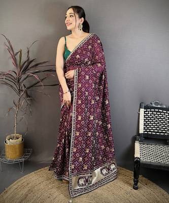 Women wine  vichitra silk blend bandhani & animal motifs bandhani saree 1