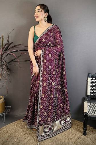 Women wine   vichitra silk bandhani & animal motifs bandhani saree