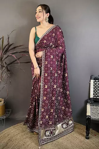 Women wine  vichitra silk bandhani & animal motifs bandhani saree