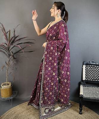 Women wine  vichitra silk blend bandhani & animal motifs bandhani saree 2