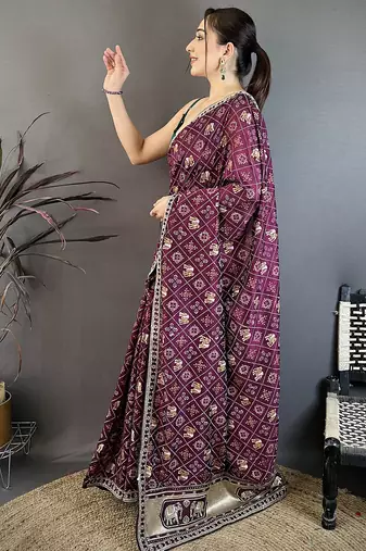 Women wine   vichitra silk bandhani & animal motifs bandhani saree