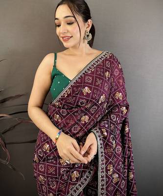 Women wine  vichitra silk blend bandhani & animal motifs bandhani saree 3