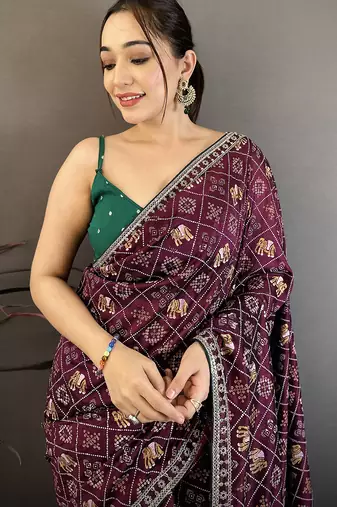 Women wine   vichitra silk bandhani & animal motifs bandhani saree