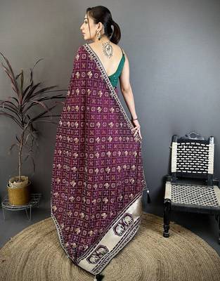 Women wine  vichitra silk blend bandhani & animal motifs bandhani saree 4