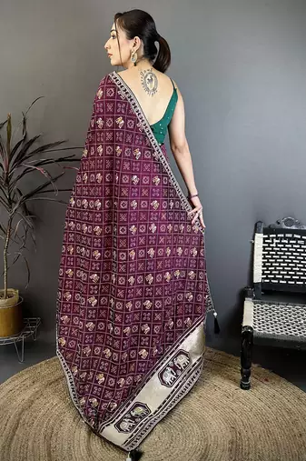 Women wine   vichitra silk bandhani & animal motifs bandhani saree