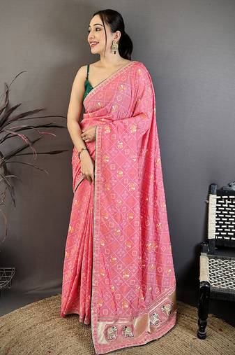 Women baby pink vichitra silk bandhani & animal motifs bandhani saree