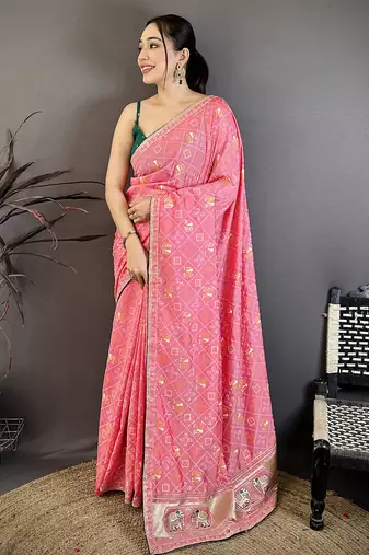 Women baby pink vichitra silk bandhani & animal motifs bandhani saree