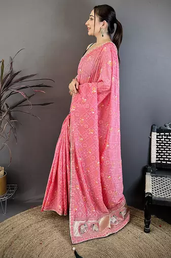 Women baby pink vichitra silk bandhani & animal motifs bandhani saree