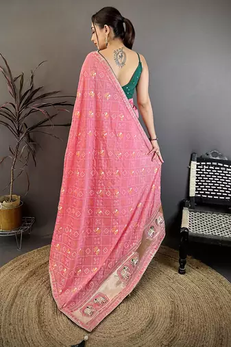 Women baby pink vichitra silk bandhani & animal motifs bandhani saree