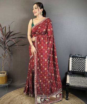 Women maroon vichitra silk blend bandhani & animal motifs bandhani saree 1