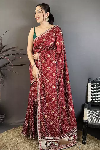 Women maroon vichitra silk bandhani & animal motifs bandhani saree