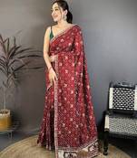 Women maroon vichitra silk bandhani & animal motifs bandhani saree
