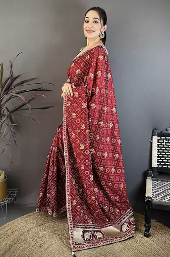 Women maroon vichitra silk bandhani & animal motifs bandhani saree