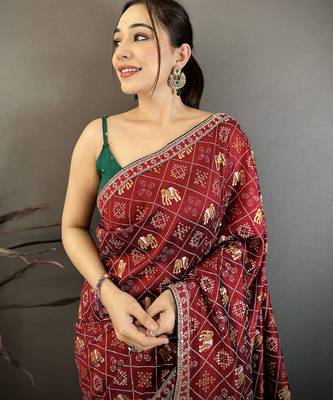 Women maroon vichitra silk blend bandhani & animal motifs bandhani saree 3