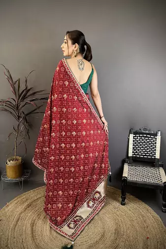Women maroon vichitra silk bandhani & animal motifs bandhani saree