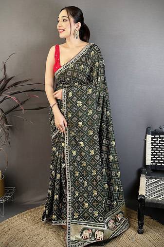 Women dark green vichitra silk bandhani & animal motifs bandhani saree