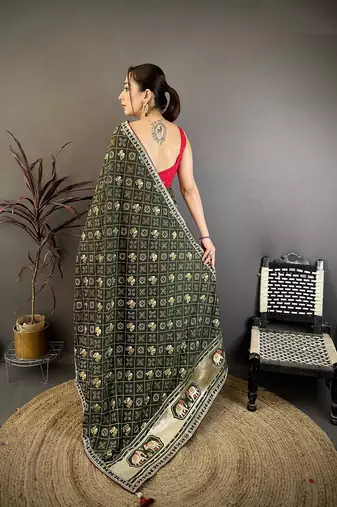 Women dark green vichitra silk bandhani & animal motifs bandhani saree