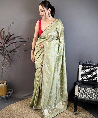 Women sage green vichitra silk blend bandhani & animal motifs bandhani saree 1