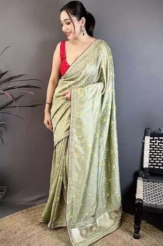 Women sage green vichitra silk bandhani & animal motifs bandhani saree
