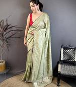 Women sage green vichitra silk bandhani & animal motifs bandhani saree