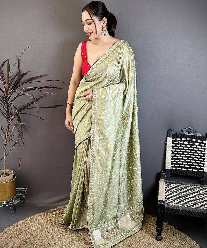 Women sage green vichitra silk bandhani & animal motifs bandhani saree