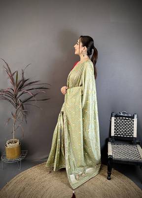 Women sage green vichitra silk blend bandhani & animal motifs bandhani saree 2