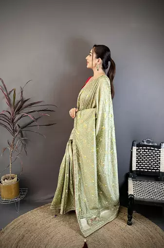 Women sage green vichitra silk bandhani & animal motifs bandhani saree