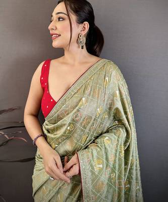 Women sage green vichitra silk blend bandhani & animal motifs bandhani saree 3