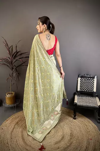 Women sage green vichitra silk bandhani & animal motifs bandhani saree
