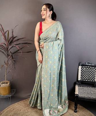 Women sea green vichitra silk blend bandhani & animal motifs bandhani saree 1