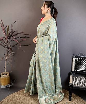 Women sea green vichitra silk blend bandhani & animal motifs bandhani saree 2