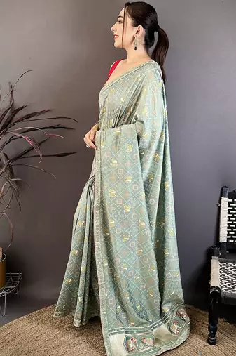 Women sea green vichitra silk bandhani & animal motifs bandhani saree
