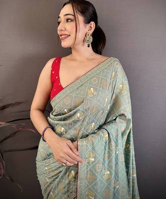 Women sea green vichitra silk blend bandhani & animal motifs bandhani saree 3