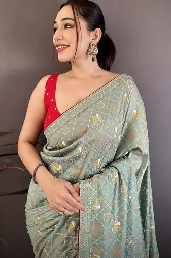 Women sea green vichitra silk bandhani & animal motifs bandhani saree