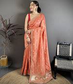 Women peach vichitra silk bandhani & animal motifs bandhani saree