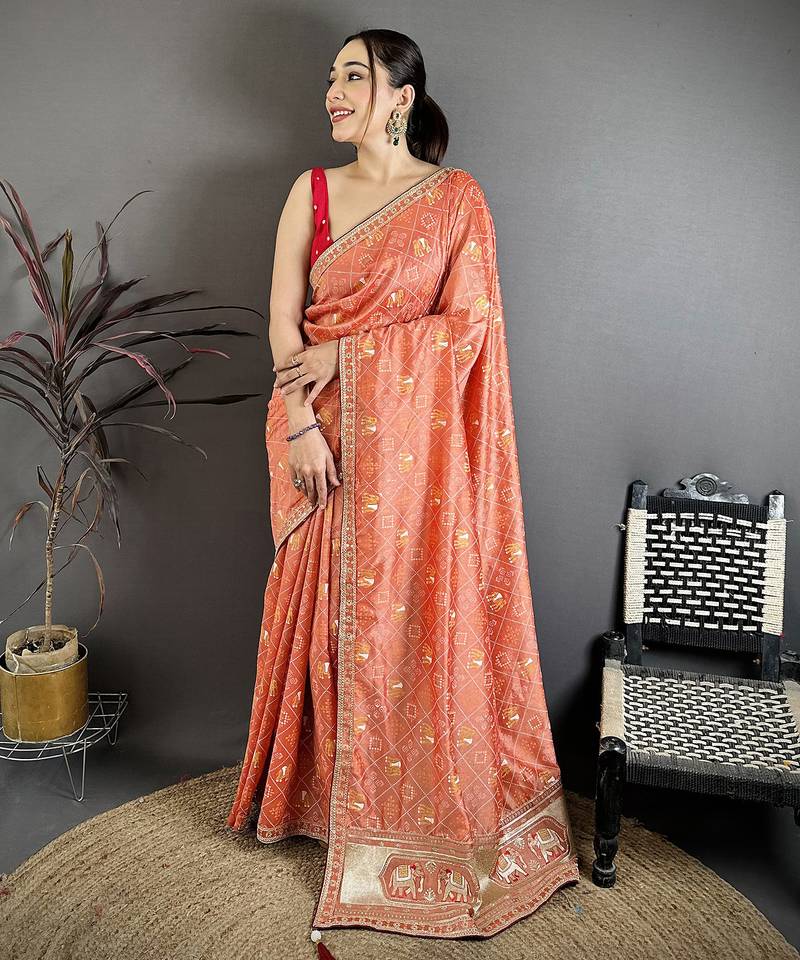 Women peach vichitra silk bandhani & animal motifs bandhani saree