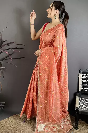 Women peach vichitra silk bandhani & animal motifs bandhani saree