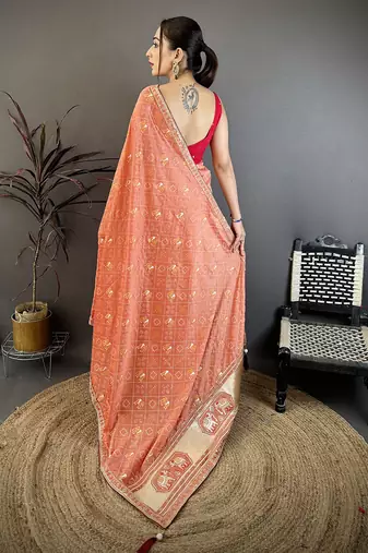 Women peach vichitra silk bandhani & animal motifs bandhani saree