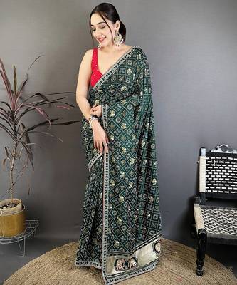 Women emerald green vichitra silk blend bandhani & animal motifs bandhani saree 1