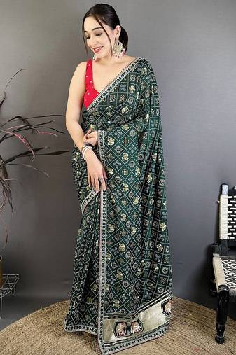 Women emerald green vichitra silk bandhani & animal motifs bandhani saree
