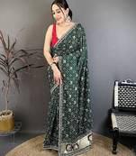 Women emerald green vichitra silk bandhani & animal motifs bandhani saree