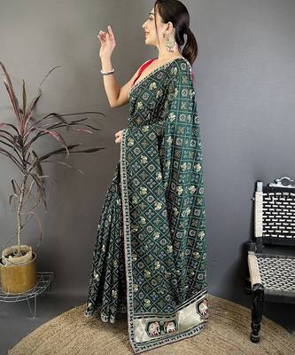 Women emerald green vichitra silk blend bandhani & animal motifs bandhani saree 2