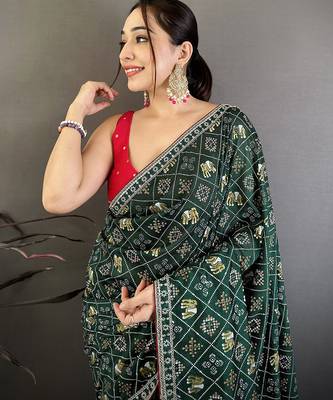 Women emerald green vichitra silk blend bandhani & animal motifs bandhani saree 3