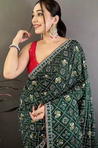 Women emerald green vichitra silk bandhani & animal motifs bandhani saree
