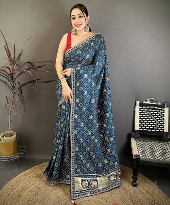 Women peacock blue vichitra silk blend bandhani & animal motifs bandhani saree 1